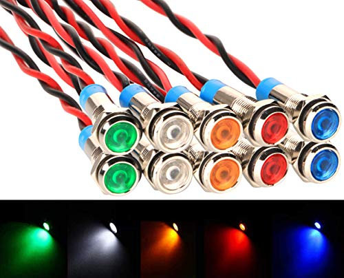 Gebildet 10pcs AC/DC 12-24V 6mm Voyant LED en Métal,LED Indicateur Panneau Pilote Témoin d'avertissement pour Van,Bateau et Autres Véhicules Universels