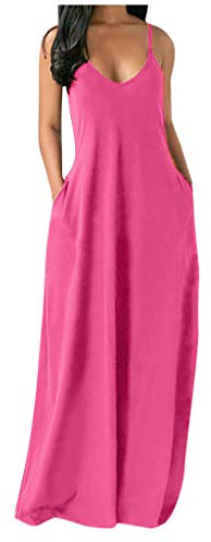 SoLu DAY8 Robe Longue Femme Ete Grande Taille S-5XL Robe Sexy Femme à Bretelles Robe de Plage Casual Decontractée Uni Couleur Vêtement Femme Pas Cher Robe Soirée Cocktail Chic (Rose, 4XL)