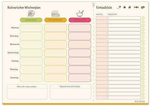 PICTALOO Kulinarischer Wochenplan, Menüplaner & Einkaufsliste in Din A4 mit 50 Blatt, der Essensplaner für die ganze Woche inkl. Platz für Ideen (retro)