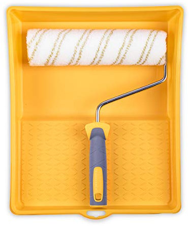 HARDY WORKING TOOLS Set peintre, rouleau de couleurs, récipient et rouleaux de couleurs en polyester, Hauteur des poils 12mm, Longueur 25cm, Diamètre 48mm, Blanc-jaune-gris, A0180-513000