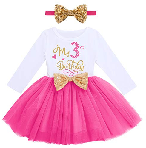 Kleinkinder Mädchen Mein 3. Geburtstag Kleid Baumwolle Langarm Tutu Tüllkleid A-Linie Prinzessin Partykleid mit Pailletten Schleife Stirnband 2tlg Set Fotoshooting Outfit Kostüm Rose 3 Jahre