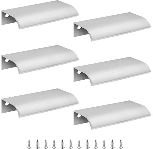 Cjueiom 6 Pack Concealed Kitchen Cupboard Handles 64mm Hole Center Hidden Drawer Pulls, Finger Edge Pull Aluminum Cabinet Handle Invisible Door Knob for Wardrobe (80mm Total Length, Silver)