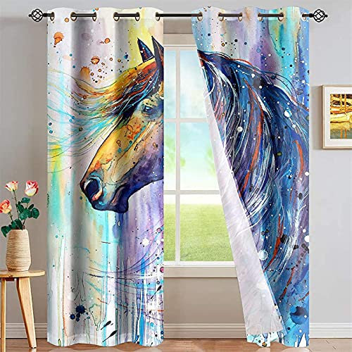 LKCD 2 Stück Verdunkelungsvorhänge, Farbe Aquarell Pferd Ölgemälde Stil 234X230Cm Blickdichter Vorhang Mit Ösen, Thermovorhang, Vorhang Mit Ösen, Verdunkelungsvorhänge Für Schlafzimmer, Wohnzimmer