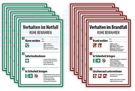 10x Hochwertige Aufkleber verhalten im Brandfall/Notfall in A4 | 21 x 29,7cm Sticker mit UV Schutz für Außen-und Innenbereich