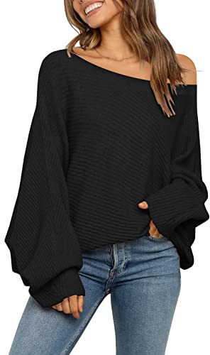 Mafulus Übergroßer Damen-Pullover, schulterfrei, lässig, für Herbst und | U-Boot-Ausschnitt, Fledermaus-Pullover, lange Ärmel, Zopfmuster, Damen, grob, Strick, Tunika, warm, weich, Pullover