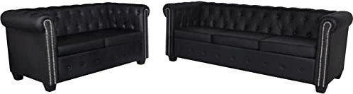 KOIECETA Chesterfield Sofa Büro 2+3-Sitzer Wohnmöbel Kunstleder Vintage Polstersofa Loungesofa Couch Lounge Schwarz