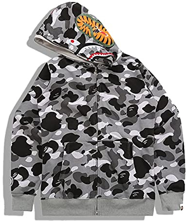 LIAOPUFUS Uomo 3D Stampato Shark Felpa con Cappuccio Hip Hop a Maniche Lunghe Zipper con Cerniera Mimetica Moda Street Wear