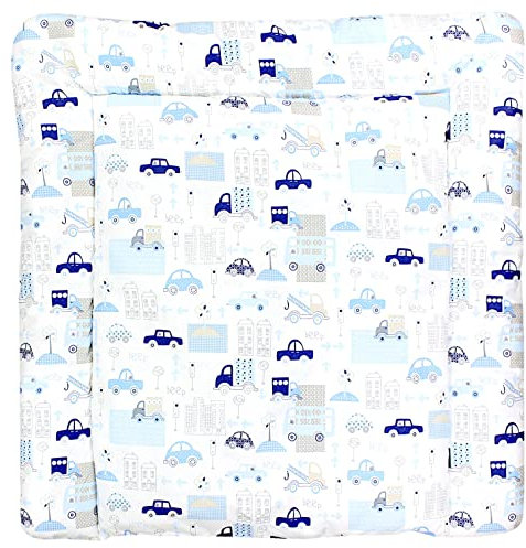 TupTam Baby Wickeltischauflage mit Baumwollbezug Gemustert, Farbe: Autos Blau, Größe: 70 x 60 cm