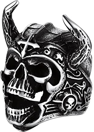 Richsteel Edelstahl Fingerring in Größe 72 Vintage Horn Totenkopf Fingerring Punk Totenkopf Schädel Schmuck Biker Ring für Freunden Ehemann Model