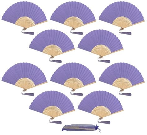 Pack of 10 Paper Handheld Folding Fan with a Tassel and Grade A Bamboo Ribs for Women Girls Summer Party Favour Birthday Wedding Gift (Soft Pastel Purple)