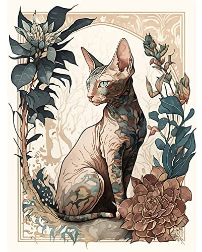 Artery8 Sphynx Cat with Flower Blooms Modern Art Nouveau Portrait Illustration Extra Large XL Wall Art Poster Print
