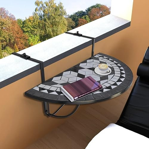 JUNZAI Balkonhängetisch, Balkontisch, Balkonmöbel Kleiner Balkon, Balkon Möbel, Gartentisch, Tisch Klein, Schwarz und Weiß Mosaik