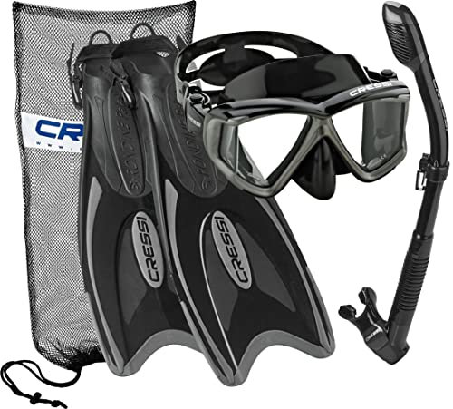Cressi Italienisches Design Panoramablick gehärtetes Glas Linse Schnorchelmaske Trockenschnorchel Palau Lange Schnorchelflosse Maske Fin Schnorchelset mit Tragetasche für Männer und Frauen, Schwarz