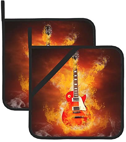 Set di 2 presine antiscivolo con stampa a forma di chitarra rock, resistenti al calore, per cucina e cottura