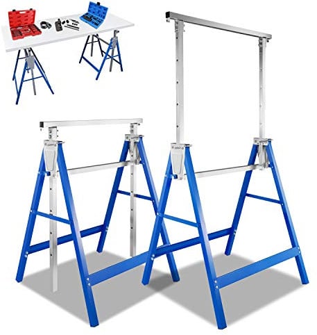 Daromigo Gerüstbock, 2x Unterstellbock 7-fach höhenverstellbar 80-130 cm, klappbar Metallbock Klappbock Gerüstbock Arbeitsbock Tragkraft 200 kg, Blau Silber