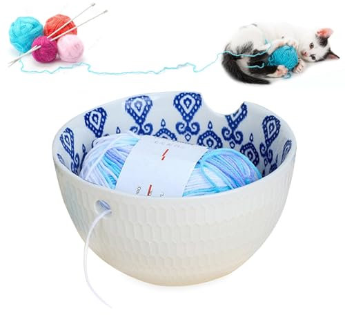 MKNZOME Bol de rangement portable en céramique fait à la main avec trous sculptés et trous pour perceuses pour tricoter, accessoires de crochet, tricot, décoration d'intérieur