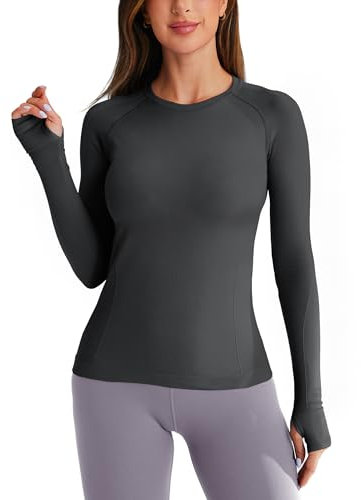 BAYDI Long Sleeve Tops Women Seamless Workout Shirts Base Layer with Thumb Holes for Running Training Gym Athletic Casual T-Shirts Grey