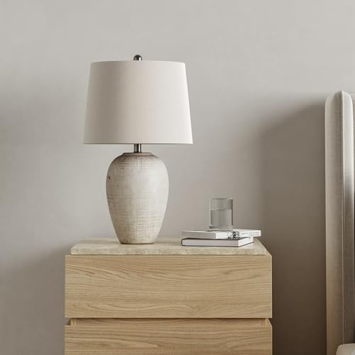 Nourison Home 23 Distressed Cream/Beige Rustic Ceramic Jar Table Lamp for Bedroom, Living Room, Dining Office, with Ivory Shade