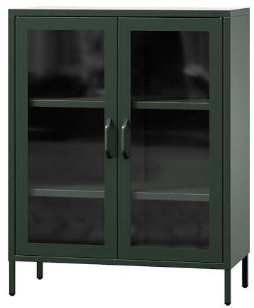 Jan Nowak Vetrina Soggiorno in Metallo 2 Ante - GINA | 2 Ripiani Regolabili, Vetro Temperato | Vetrina Espositiva Scintillante, Libreria con Ante in Vetro | 80 x 101,5 x 40 cm | Verde Scuro