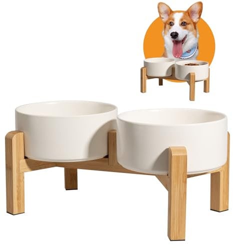 Gamelle pour Chien Surélevée Ceramique - Double Gamelle Chien Surelevee avec Support en Bambou - Set de Bol Chein pour Nourriture et Eau - Gamelles pour Chiens de Petite et Moyenne Taille - 2 x 850 ml