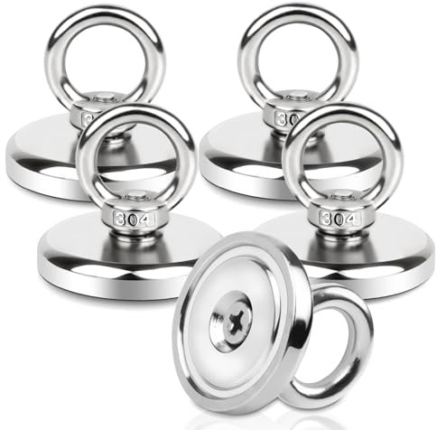 Dawumin Neodym Magnete mit Loch, 65kg Neodym Magnet Extra Starke Magnetfischen, Runde Starkmagnet Magnet Hake Magnete, Multifunktions Magnet für Geeignet Angeln, Zuhause, Werkstätten(5PC-42mm)