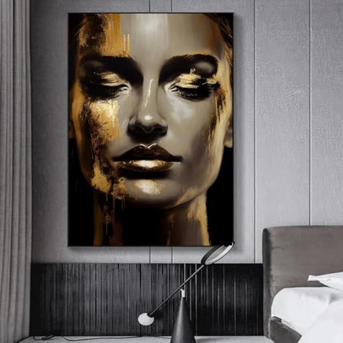 KEMEIQI Affiche de visage de femme avec portrait doré, peintures sur toile modernes abstraites, images d'art mural pour salon, décoration d'intérieur, 70x100 cm, sans cadre
