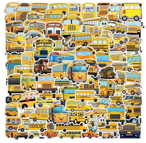 Affoto Cartoons Schulbus Aufkleber für Laptop(100PCS),Geschenk für Kinder Jugendliche Erwachsene Jungen,School Bus Wasserdicht Vinyl Aufkleber Stickers für Scrapbook,Skateboard,Auto,Gepäck