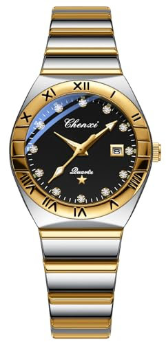 JewelryWe Damenuhr Edelstahl Leuchtende Uhren: 30m Wasserdicht Kalender Analog Quarz Armbanduhr Damen Gold/Silber Edelstahlarmband Uhr mit Römischen Ziffern Strassskala & Schwarz rundem Zifferblatt