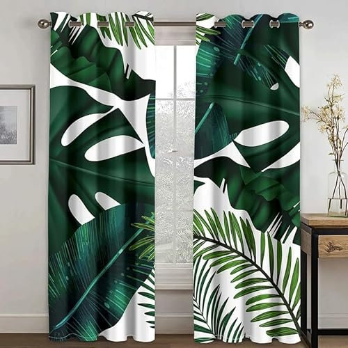 Rptidmv Vorhänge Blickdicht grüne Monstera-Blätter Modern Gardinen Mit Ösen Schlafzimmer Verdunkelungsvorhang, Wohnzimmer Thermovorhang Schallschutz Vorhänge 2er Set - 140 x 260 cm (B x H)