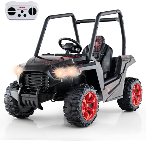 COSTWAY Kinder Elektroauto, 24V UTV Elektrisch mit 2,4G Fernsteuerung, Elektrofahrzeuge mit Musik, Hupe, Radio & LED-Leuchten, Elektroauto für Kinder ab 3 Jahren (Schwarz + Rot)