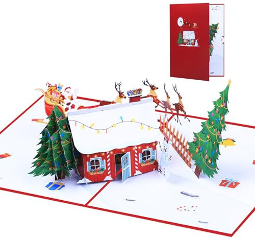 Koboko Weihnachtskarte, Pop Up Karte Weihnachten, 3D Schneehaus Weihnachtsgrußkarte mit Weihnachtsmann, Weihnachtsbaum & Rentieren, Weihnachten Karte für Kinder, Familie, Freunde, Mann & Frau