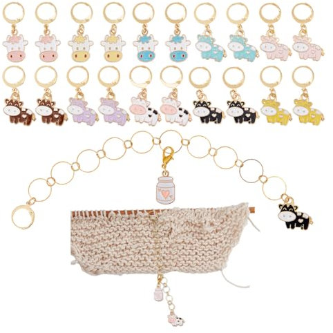 Hobbspring Enamel Crochet Stitch Marker Set Including 20Pcs Cow Stitch Markers and 2pcs Animal Theme Alloy Enamel Cows Knitting Row Counter Chain for Knitting Weaving Sewing DIY Supplies