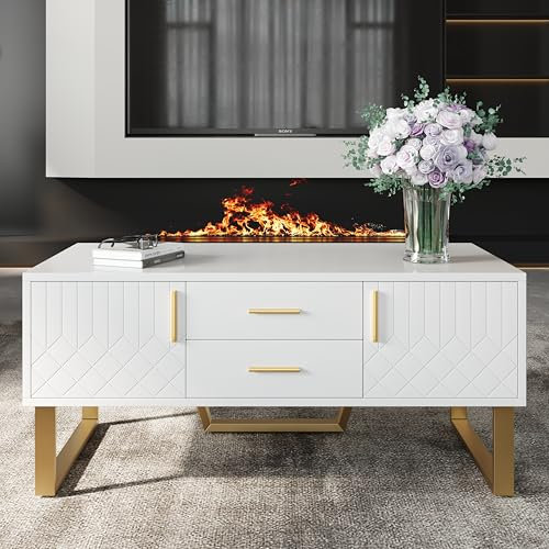 BTM Table Basse Blanche Brillante, Table Basse Moderne avec 2 Portes et 2 Tiroirs, Table d'appoint de Salon, Poignées et Pieds Dorés, 100x50x45cm, Blanc et Or