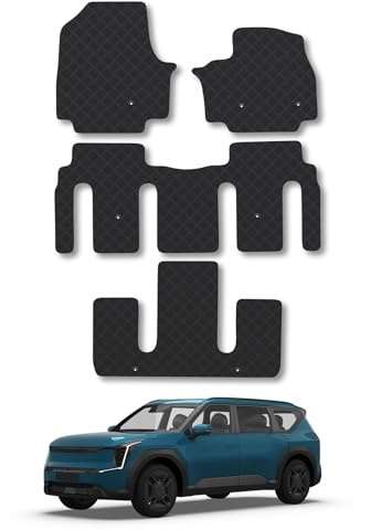 Kia EV9 [6 Seat Version] (2024+) Heavy Duty Thick Rubber Car Mats Accessories Tailored Fit Front Rear Set Compatible Accessory Waterproof Durable Non-Slip 5mm Full Coverage Protection with Clips