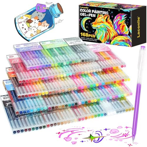 Laconile 168 Farben Glitzerstifte Gel – 0,6mm Feine Spitze Gel Pens Set & Gelstifte Set – Glitzer Gelstifte, Gel Stifte, Bunte Kugelschreiber, Gelstifte Kinder – Glitzerstifte Mädchen & Erwachsene
