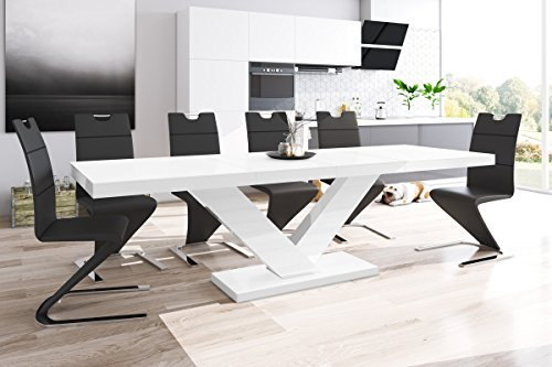 Design Esstisch HE-999 Weiß matt/Weiß Hochglanz ausziehbar 160 cm bis 256 cm Esszimmertisch für bis zu 10 Personen Hochglanz Funktionstisch modern vielseitig Esszimmer erweiterbar zeitlos