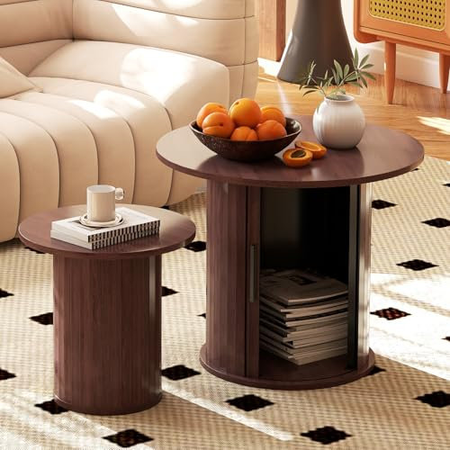 COSVALVE 60CM Nesting Coffee Table Set of 2 with Hidden Storage & Sliding Door, Round Circle Wood Coffee Table, Farmhouse Side & End Table Sets for Living Room, Small Spaces, Brown