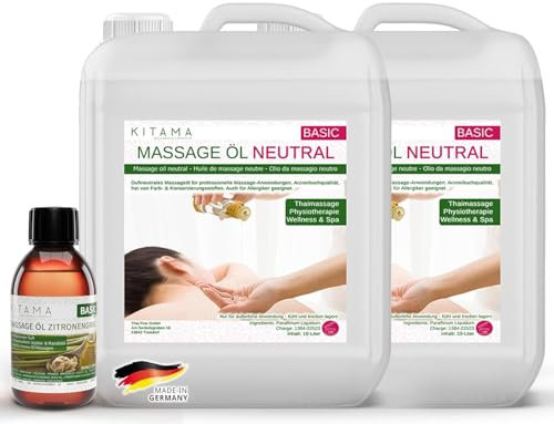Deal - Kitama Massageöl Neutral & Soft 20-Liter (2 x 10-L) + Aroma Massageöl 250ml Zitronengras für Thaimassage Physiotherapie
