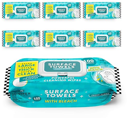 Juniper CLEAN 6 Packs Surface Wipes with Bleach, Thick & Large Dispose, All-Purpose Cleaner for Bathroom, Kitchen, Office, 600 Count Soft Flow, Biodegradable, Fresh Scent