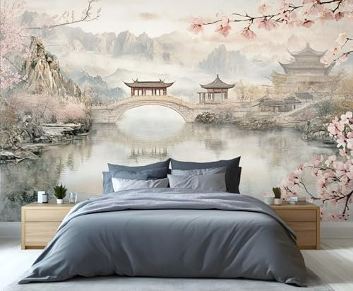 YXQAIED Japanese Style Wallpaper, Pink Cherry Blossoms Bedroom Wallpaper, Landscape Wallpapers for Living Room, Not Self Adhesive Cute Bull Photo 3D Wall Murals & Room Decor, 100x70cm