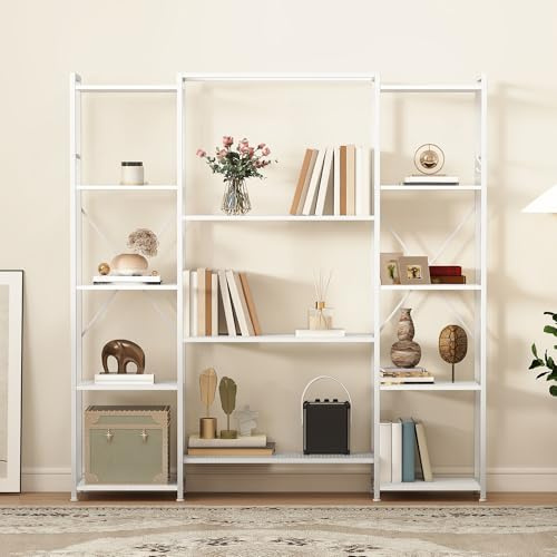 DWVO Industrielles Stehend Bücherregal, Standregal Aus Holz Und Metallrahmen, Präsentationsregal Für Wohnzimmer Mit 13 Regalen, Heimbüro, Reinweiß