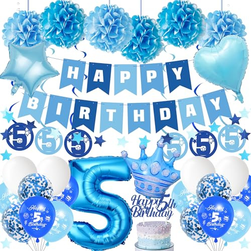 Geburtstag 5 Jahre Junge Luftballon - 35 StüCk Blau Geburtstagsdeko | Happy Birthday Banner Riesen Folienballon Zahl Girlande Tortendeko Papier Pompons Deko FüR Jungen 5 Jahr Party Dekorationen