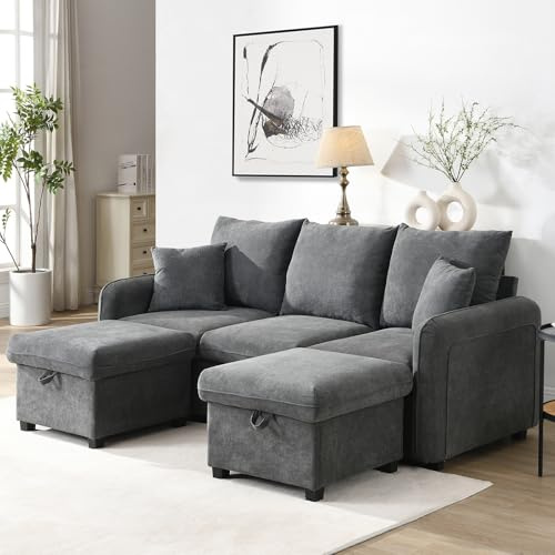 Ecksofa Set in | U-Form 3-Sitzer Sofa mit 2 Staufußhockern & Schubladen | Modulares 3-Sitzer Schlafsofa aus Cord-Stoff | Multifunktionales Wohnlandschaft-Set Kleine Wohnungen (Dunkelgrau, U-Form)