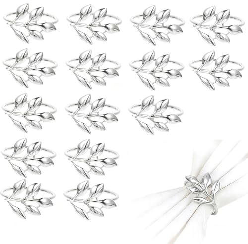 Ruayia 15 Stück Silberne Blatt-förmige Serviettenringe aus Metall, Serviettenhalter, Elegante Tischdekoration für Haushalt, Küche, Hochzeit, Weihnachten & Jubiläen