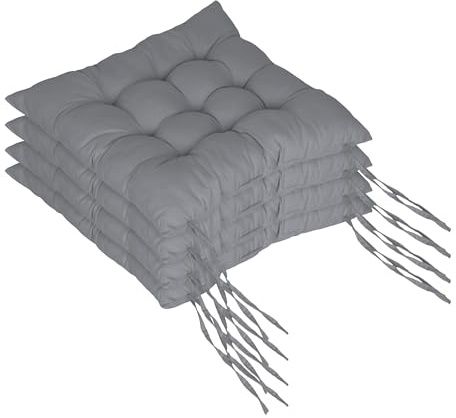Relaxdays Stuhlkissen, 4er Set, 40x40 cm, Gesteppte Sitzpolster mit Bändern, Indoor & Outdoor, Polyesterbezug, grau