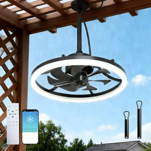 Outdoor Ceiling Fan with Lights, IP65 Waterproof Gazebo Fan with Remote/ APP Control, 20 Plug in Hanging Fan for Pergola Lights, 4500LM Dimmable LED, 6 Speeds Caged Ceiling Fan for Patio Porch