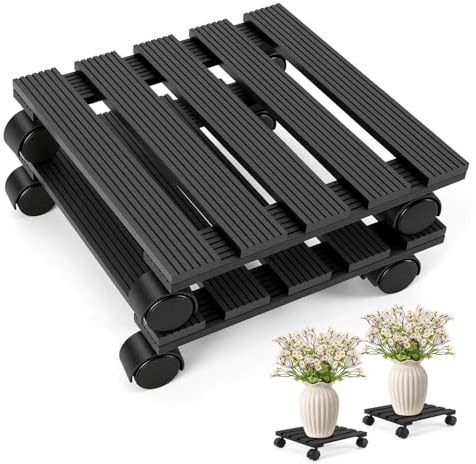 Fogmiea 2X WPC Pflanzenroller Eckig 30 x 30 cm, Blumenroller mit Rollen, Rolluntersetzer bis 80 kg, Kübelroller für Innen- und Außenbereich, Rollbrett für Pflanzen und Blumentöpfe, Anthrazit