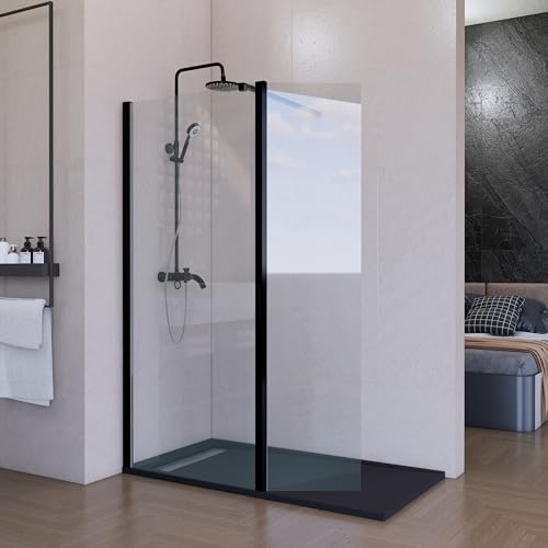 Mampara de Ducha Fija con Panel Abatible Negra 70 cm + 40 cm – Cristal Templado 8 mm Antical – Mampara Walk In Reversible para Baño Moderno – HOGAKIS