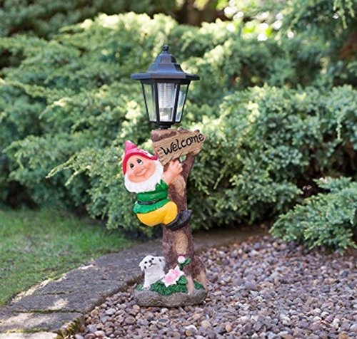 Garden Gnome with Solar Lamp Post Add a funny decorative lighting to your garden - RED
