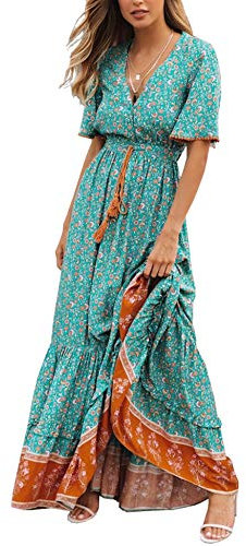 R.Vivimos Women's Summer Boho V Neck Button Up Short Sleeve Bohemian Print Ruffle Hem Beach Style Long Maxi Dress Vacation Dress(Small,Green)